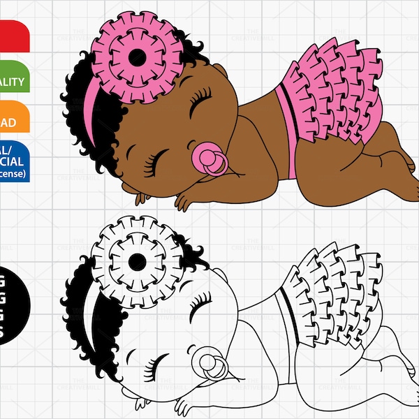 Baby Girl SVG, Sleeping Baby Clipart, Vector Baby Girl, Ruffle Pants, African American Baby, Newborn, Baby Shower PNG, SVG Files for Cricut