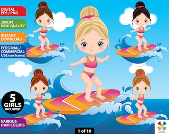 Surfing Girl Clipart, Vector Beach, Girl Surfer PNG, Summer Sport, Child, Activity, Sublimation, Cute Little Girl, Wave, Swimming Clip Art
