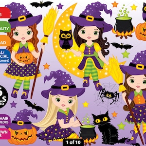 Halloween Witch Clipart - Halloween Clipart, Witch Clipart, Vector Halloween Clipart, Halloween Girls Clipart, Cute Witch Clipart