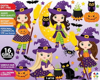 Halloween Witch Clipart - Halloween Clipart, Witch Clipart, Vector Halloween Clipart, Halloween Girls Clipart, Cute Witch Clipart