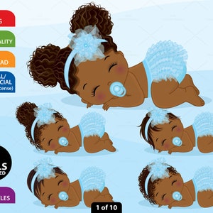 Black Baby Girl Clipart, Vector Newborn, Blue Baby, Baby Shower, Ruffle Pants, African American PNG, Black Sleeping Baby Girl Clip Art