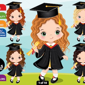 Graduation Clipart, Vector Preschool, Student PNG, Diploma, Graduation Gown, Cap, Cute Girl, Blond, Red Headed, Teacher School, Kid Clip Art