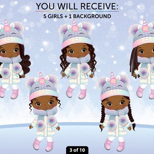 Unicorn girl clipart set of 5 cute African American girls, winter background, PNG and vector. Black girls wear pastel rainbow winter coat, boots, scarf, knitted hat with unicorn horn and pom poms. Girls with various hairstyles: pigtails, braids, long