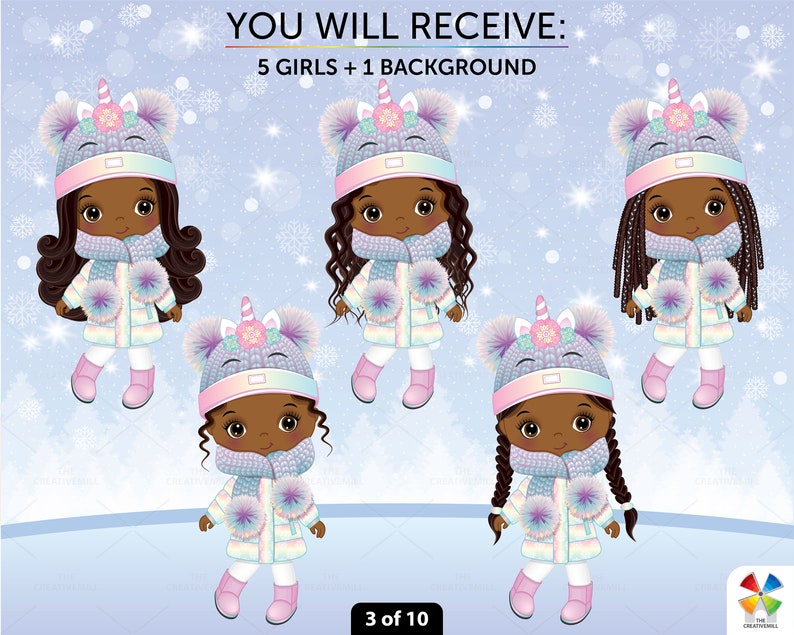 Unicorn girl clipart set of 5 cute African American girls, winter background, PNG and vector. Black girls wear pastel rainbow winter coat, boots, scarf, knitted hat with unicorn horn and pom poms. Girls with various hairstyles: pigtails, braids, long