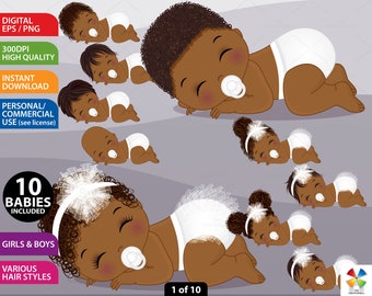 White Baby Clipart, Vector Newborn Clipart, Afro Baby Shower, African American, Christening, Girl, Boy, PNG, Black Sleeping Baby Clip Art
