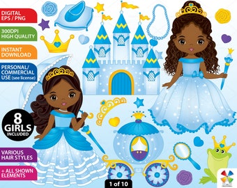 Blue Princess Clipart - Vector Princess Clipart, Fairy Tale Clipart, African American Clipart, Little Princess Clipart, Princess Clip Art