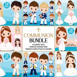 Clipart del paquete de primera comunión, Vector 1st Holy Communion, Boy & Girl, Religious Clipart, Communion PNG, Sublimation, Kid Christian Clip Art