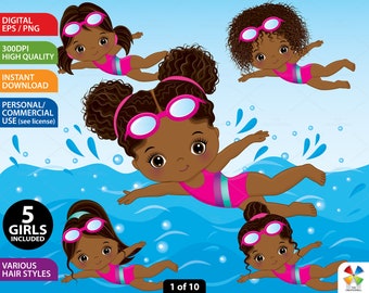 Swimming Girl Clipart, Vector Swimmer, Cute Little Girl, Sport Kid, Pool Activity, Black Girl PNG, African American, Afro Child Clip Art