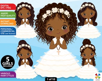 First Communion Clipart - Vector Communion Clipart, African American Girl, Black Girl Clipart, Religious Clipart, Girl Christian Clipart