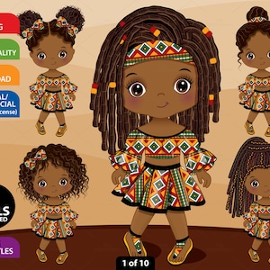 Kente Girl Clipart, Vector Little Girl, Afrikaanse Print, Karakter, Vlechten, Pop, Zwart Kind, Peuter PNG, Afro Meisje, Ankara Fashion Clip Art
