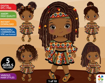 Kente Girl Clipart, Vector Little Girl, African Print, Character, Braids, Doll, Black Child, Toddler PNG, Afro Girl, Ankara Fashion Clip Art