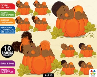 Baby Sleeping Pumpkin Clipart, Vector Little Pumpkin, 1st Halloween, Black Baby Shower, Autumn, African American PNG, Cute Baby Clip Art