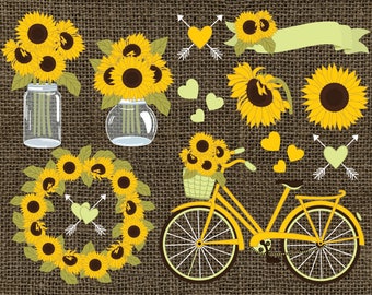 Sunflowers Clipart - Vector Sunflowers Clipart, Rustic Clipart, Sunflower Wreath, Burlap Clipart, Vector Sunflower Clip Art