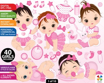 Baby Girl Clipart - Vector Baby Clipart, Baby Clipart, Newborn Clipart Baby Shower Clipart, Baby Bundle Clipart, Baby Girl Clip Art
