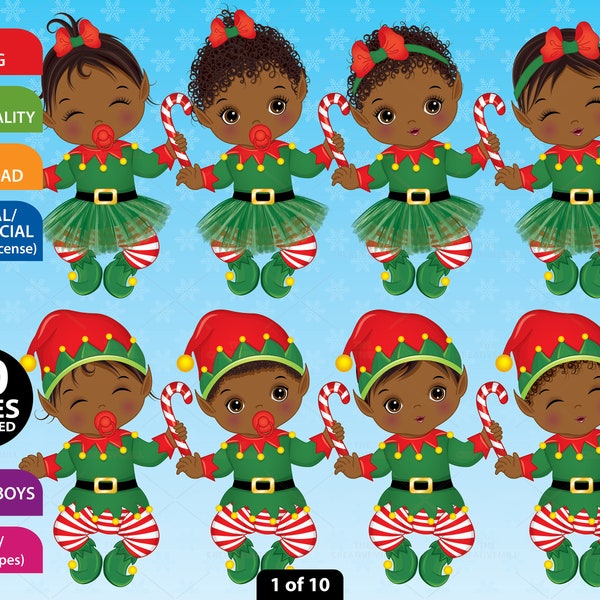 Black Baby Elf Clipart, Vector Newborn, Little Elves PNG, Toddler, Xmas, Santa Helper, African American, Noel, Holiday, Christmas Clip Art