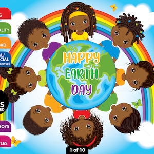 Earth Day Clipart, Vector Environment, Cute Boy, Afro Girl, Eco, African American, Kid with Globe, World PNG, Go Green, Black Child Clip Art