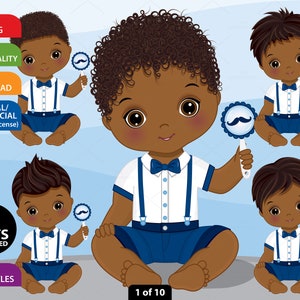 Clipart de homenzinho - clipart de bebê preto vetorial, clipart de chá de bebê, bebê com laço, clipart de cavalheiro, bigode, clipart afro-americano