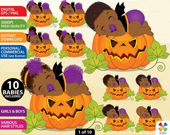 Halloween Baby Clipart, Vector Little Pumpkin, 1st Halloween, Black Baby Shower, African American PNG, Afro, Cute Sleeping Baby Clip Art