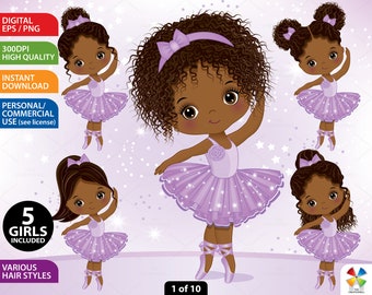 Little Ballerina Clipart, Vector Ballerina, Ballet, Afro Puff, Bun, Purple Tutu, PNG, Cute, Toddler, Princess, Black Ballerina Girl Clip Art