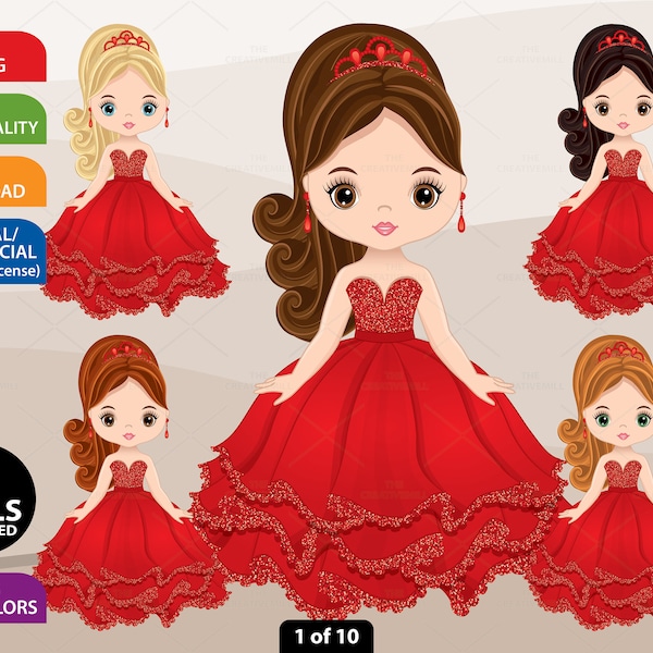 Quinceanera Clipart, Vector Princess Gown, Red Dress, Queen, Cute Girl PNG, 15th Birthday, Fashion, Spanish, Fiesta Quince Años Clip Art