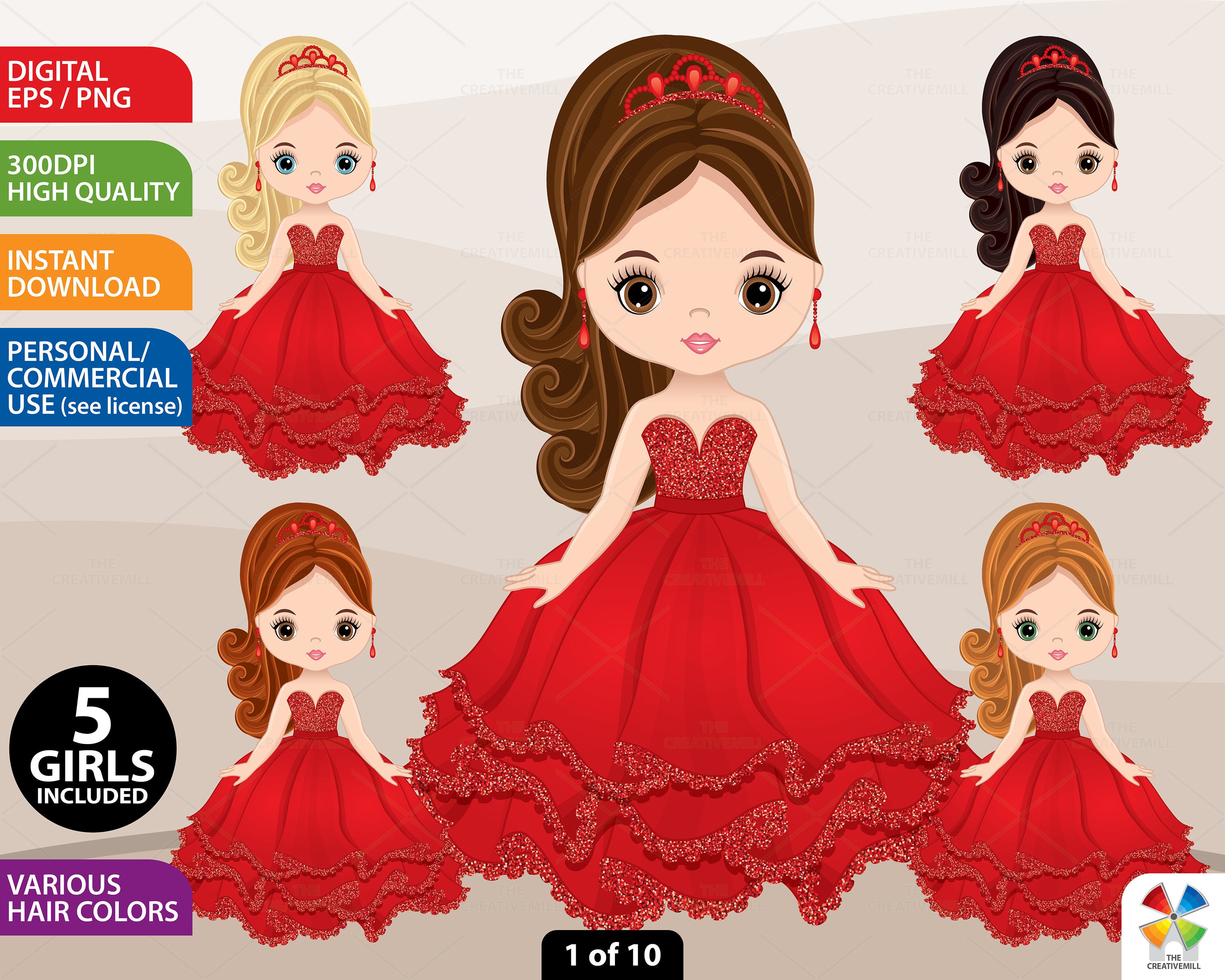 Quinceañera Clipart Vector Princess Gown Red Dress Queen Etsy México