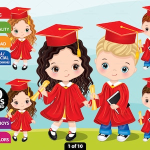 Graduation Kid Clipart, Vector Preschool, Students, Diploma, Graduation Red Gown Cap, Cute Kids PNG, Character, Teacher School, Kid Clip Art