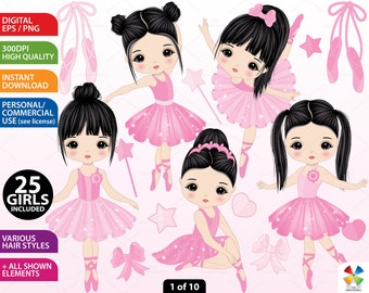 Asian Ballerina Clipart, Vector Ballet, Girl Ballerina PNG, Character, Pink Tutu Image, Sublimation, Korean, Japanese, Chinese Girl Clip Art