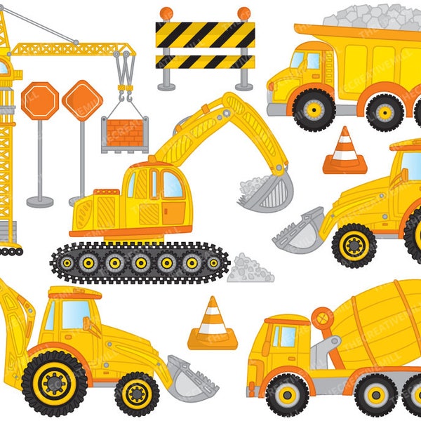 Construction Clipart - Vector Construction Clipart, Crane Clipart, Truck Clipart, Digger Clipart, Construction Clip Art