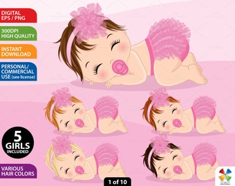 Pink Baby Girl Clipart - Vector Newborn Clipart, Ruffled Diaper Clipart, Baby Shower Clipart, Sublimation PNG, Sleeping Baby Girl Clip Art