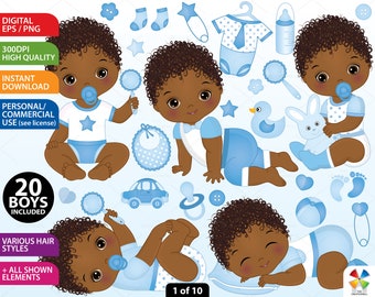 Baby Boy Clipart - Vector Baby Clipart, Baby Clipart, Newborn Clipart, African American, Baby Shower Clipart, Bundle Baby Boy Clip Art