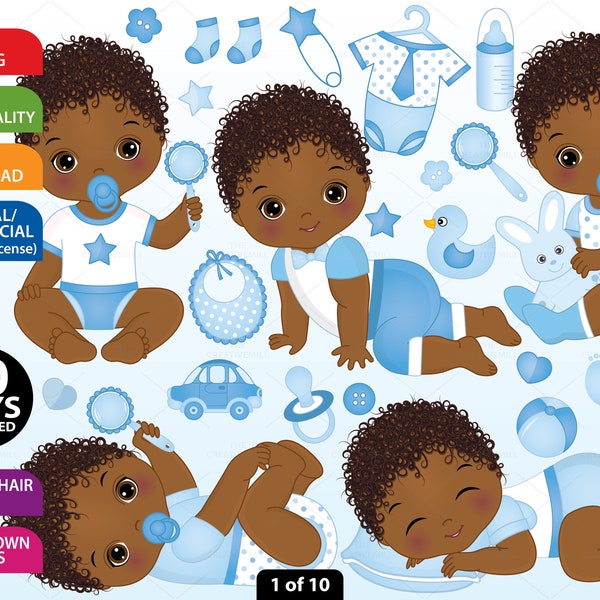 Baby Boy Clipart - Vector Baby Clipart, Baby Clipart, Newborn Clipart, African American, Baby Shower Clipart, Bundle Baby Boy Clip Art