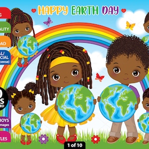 Earth Day Clipart, Vector Environment, Cute Boy, Afro Girl, Eco, African American, Kid with Globe, World PNG, Go Green, Black Child Clip Art