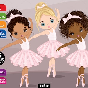 Ballerina Clipart, Vector Ballet Girls, PNG Dancer, Cute Doll, Bundle, Pastel Pink, Mix Race, Caucasian, Latino, African American Clip Art