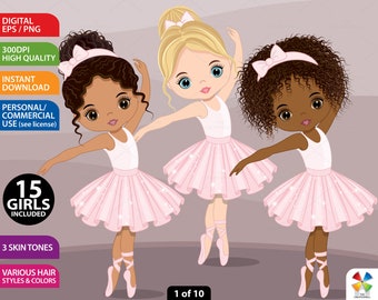 Ballerina Clipart, Vector Ballet Girls, PNG Dancer, Cute Doll, Bundle, Pastel Pink, Mix Race, Caucasian, Latino, African American Clip Art