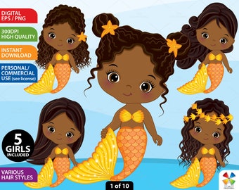 African American Little Mermaid Clipart - Vector Mermaid Clipart, Fish Girls Clipart, Mermaid Girl Clipart, Mermaid Clipart, Vector Mermaids