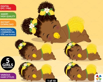 Lemon Baby Girl Clipart, Vector Newborn, Yellow Baby PNG, Ruffled Diaper, African American Baby, Mediterranean Baby, Sleeping Baby Clip Art