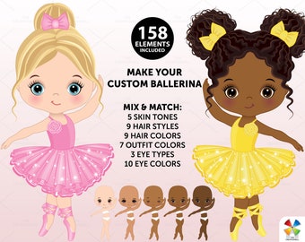 Ballerina Bundle, Vector Ballet Girls, PNG Dancer, Cute Doll, Mix and Match, Paper Doll, Personalized, Caucasian, Custom Portrait Clip Art