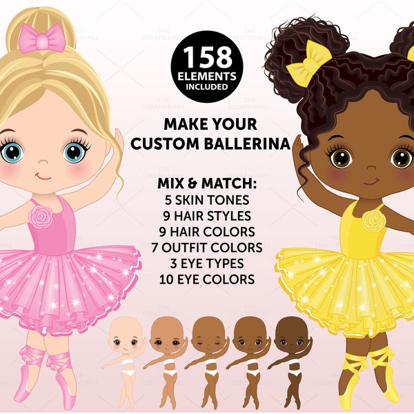 Ballerina Bundle, Vector Ballet Girls, PNG Dancer, Cute Doll, Mix and Match, Paper Doll, Personalized, Caucasian, Custom Portrait Clip Art