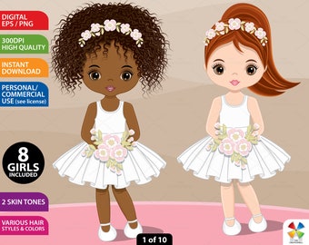 White Girl Clipart, Vector Teenager Girl, Flower Little Girl, White Dress, Afro PNG, Floral Girl, Summer, Character, Black Girl Clip Art