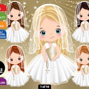 First Communion Clipart, Vector Religious, Cute Girl, Catholic, Church, Character, Christian, Holy Bible, Blond, Baptism, Kids, Clip Art