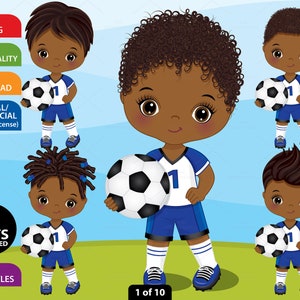 Fútbol Black Boy Clipart, Vector Football, Cute Little Boy, Deporte, Afro Character, Navy, African American PNG, Sublimación, Clip Art Infantil