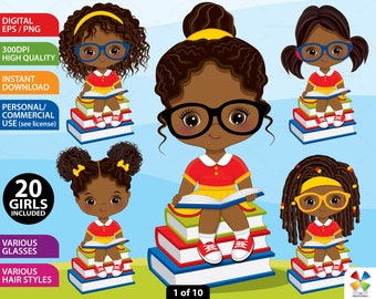 Afro Girl Reading Clipart, Vector School Kid, African American, Study, Student, Girl Reading Book, Black Girl, PNG Pupil, Glasses Clip Art