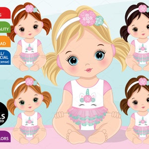 Unicornio Baby Girl Clipart, Unicornio vectorial, Imagen de niña, Recién nacido, Sublimación, Lindo niño PNG, Personaje, Clip Art de bebé de un año