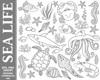 Digital Sea Life Clip Art Underwater Fish Crab Octopus Etsy