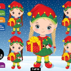 Christmas Elf Girl Clipart, Vector Xmas Elf, Santa Helper, Elves PNG, Cute Character, Little Girl, Noel, Illustration, Holiday, Kid Clip Art