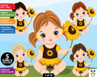 Sunflower Baby Girl Clipart - Vector Cute Girl Clipart, Yellow Baby Clipart, Baby Shower Clipart, Sublimation Baby, PNG Cute Baby Clipart