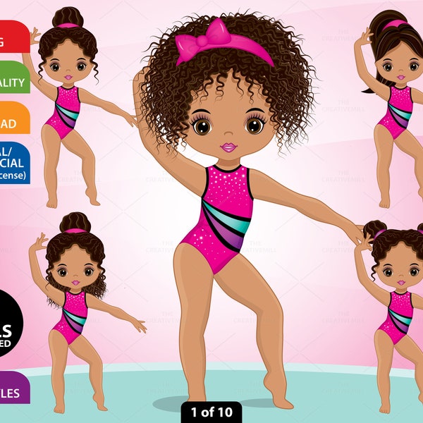 Gymnastics Clipart, Vector Gymnast, Cute Girl, Sport Kid, Character, Gymnastics PNG, Activity, Hispanic, Latino, Leotard PNG, Child Clip Art