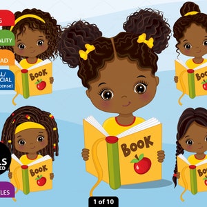 Girl Reading Clipart, Vector School Kid, African American, Study, Afro Student, Girl Reading Book, Black Girl, PNG Pupil, Character Clip Art