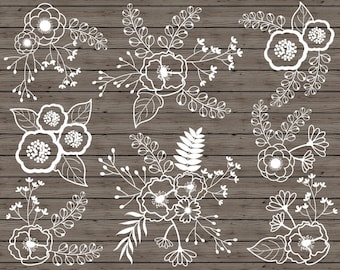 Rustic Floral Clipart - Vector Flowers Clipart, Rustic Flowers Clipart, Floral Bouquet Clipart, Vector White Flowers Clip Art