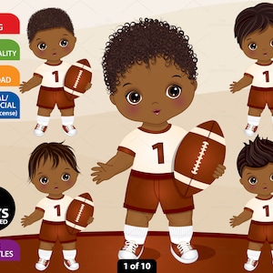 American Football Baby Boy Clipart, Vector Football Clipart, Cute Black Baby Boy, Afro Kid Sport, Toddler PNG, African American Clipart